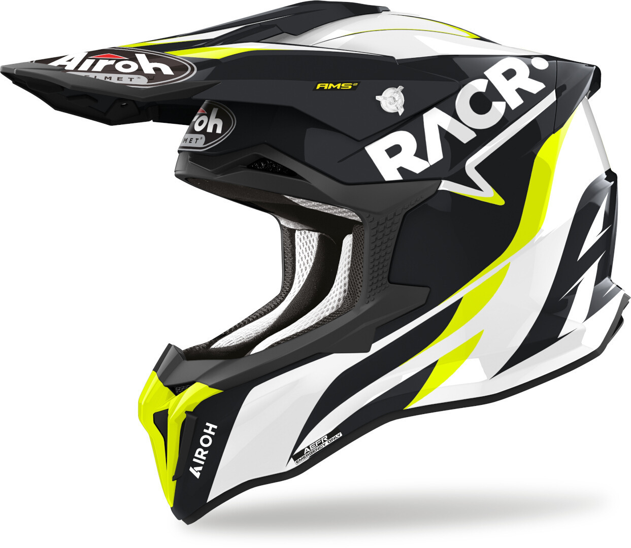 Airoh Strycker Racr Motocross Helm, schwarz-weiss-gelb, Größe L